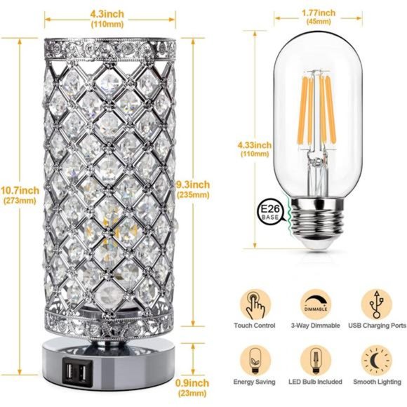 Crystal Touch Control Table Lamp with Dual USB Charging Ports, 3-Way Dimmable - Picture 3 of 6